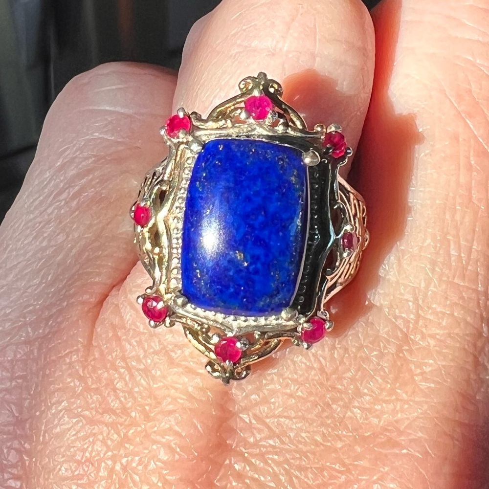 925 Silver & 18k Gold Accents Lapis and Ruby Statement Ring Size 5 - Picture 2 of 5